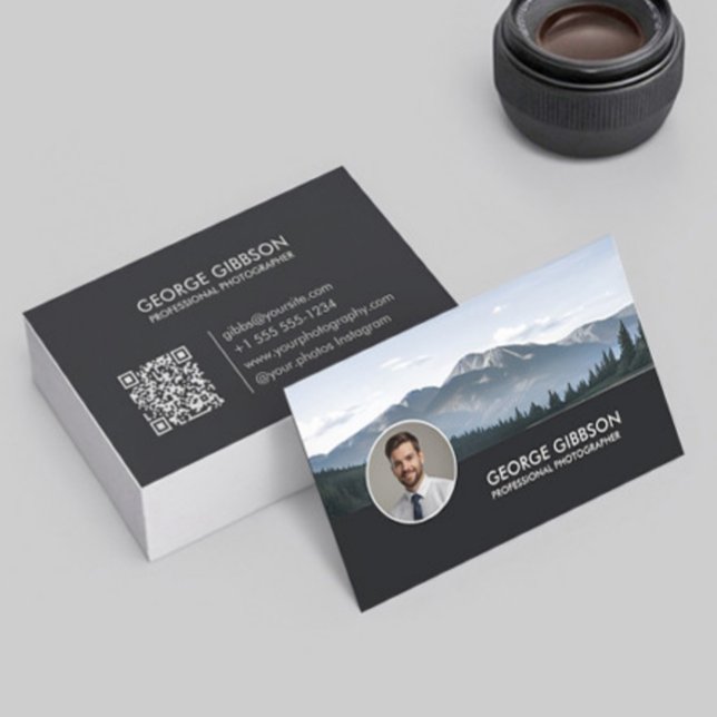 Fotograf Modern Minimal QR-kod Sleek Black Visitkort (Skapare uppladdad)