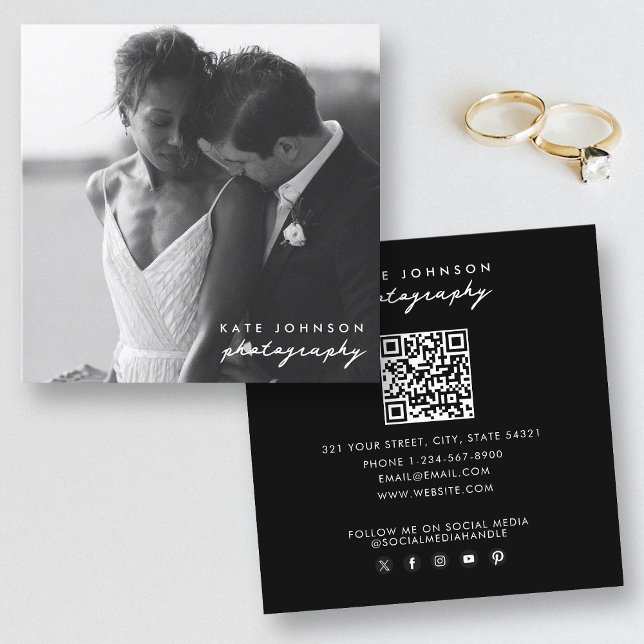 Fotograf Modern Script Photography QR-kod Fyrkantigt Visitkort (Photographer Modern Script Photography QR Code Square Business Card)