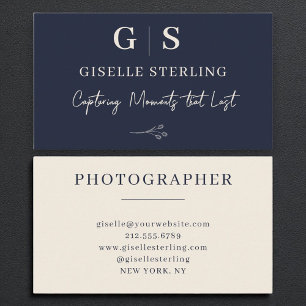 Fotograf Monogram Elegant Navy Blue Cream Visitkort