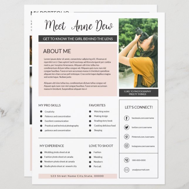 Fotograf om mig sidmall (Fram/baksida)