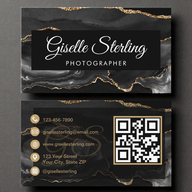 Fotograf QR-kod Black Guld Agate Luxe Luxe Visitkort (Skapare uppladdad)
