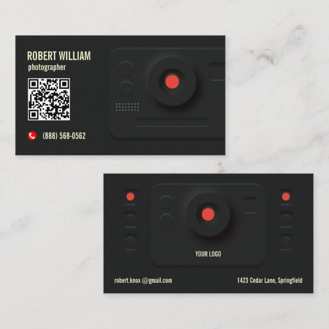 Fotograf QR-kod Modern Svart | Minimalistisk Desig Visitkort (Fram/baksida)
