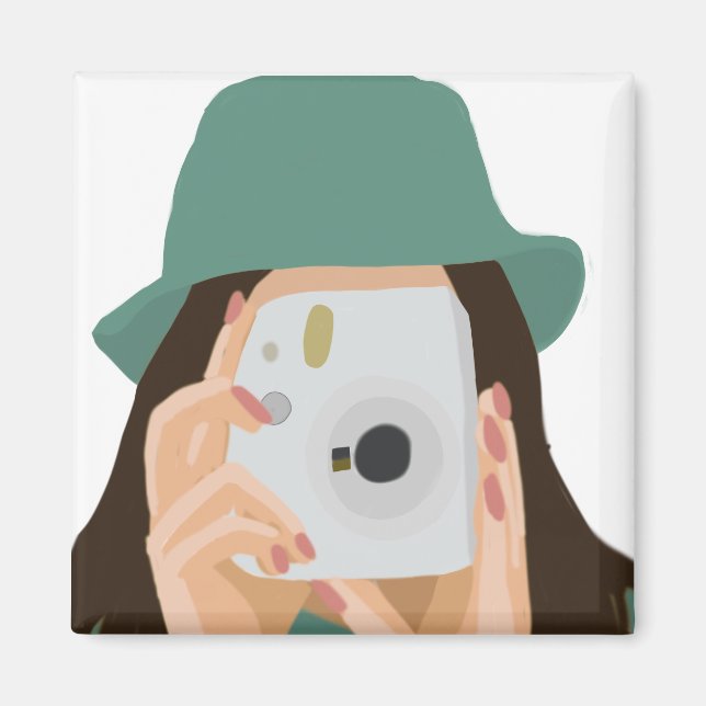 Fotografer Girl Illustrated Camera Aesthetic Magnet (Framsidan)