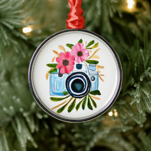 Fotografera Älskare Vintage Camera och Flowers Julgransprydnad Metall