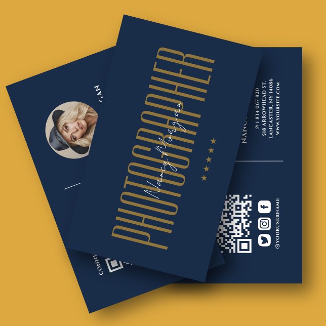 Fotografering Foto QR-kod Marinblå Guld Visitkort (Skapare uppladdad)