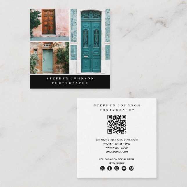 Fotografi 3 Foton QR Social-medieikoner i kod Fyrkantigt Visitkort (Fram/baksida)