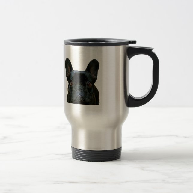 Fotografi av Cute Black Fransk Bulldog Frenchie: Resemugg (Höger)