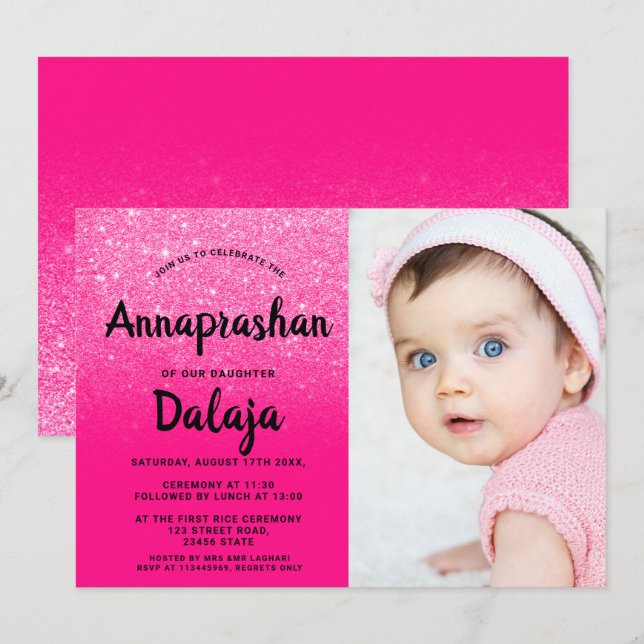 Fotografi av Neon rosa glitter ombre Inbjudningar (Fram/baksida)