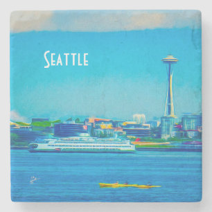 Fotografi för vattenfärg för Seattle horisont Stenunderlägg