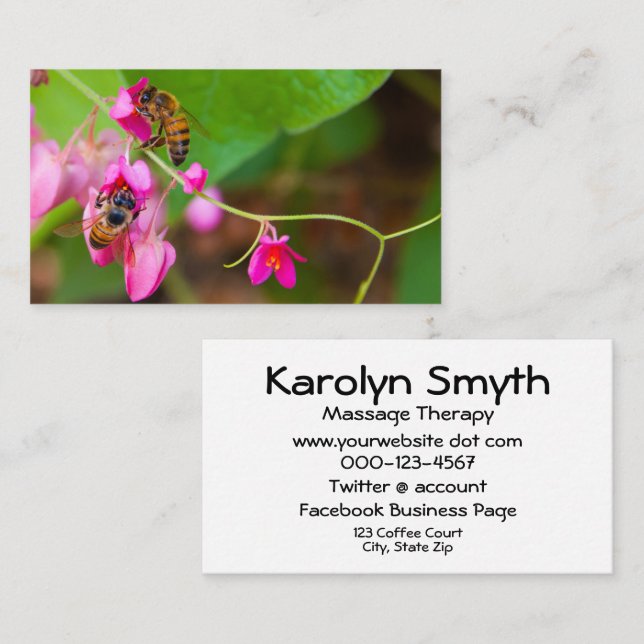 Fotografi över bin på korallvens vinblommor visitkort (Fram/baksida)