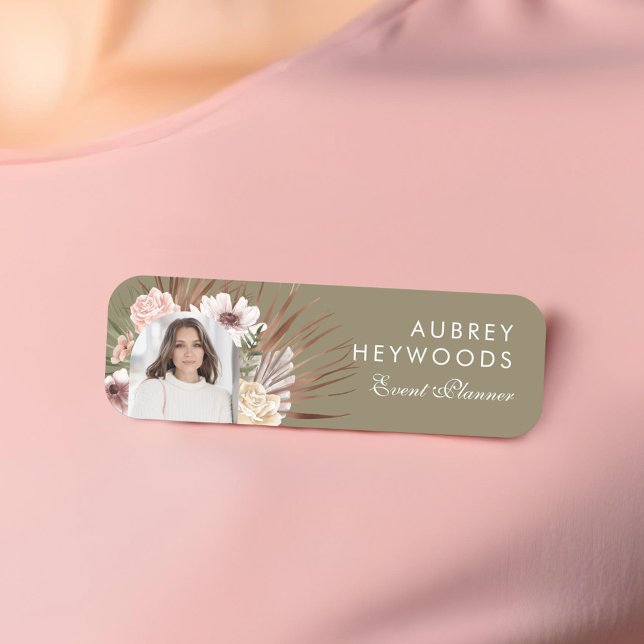 Fotografi över den moderna Chicen Bohemian Waterco Namnbricka (Modern Chic Bohemian Watercolor Florals Photo Arch Name Tag)