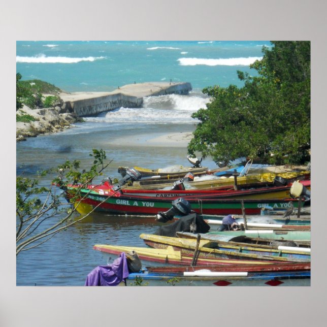 Fotografi över Jamaica Fishing Boats Negril River Poster (Framsidan)