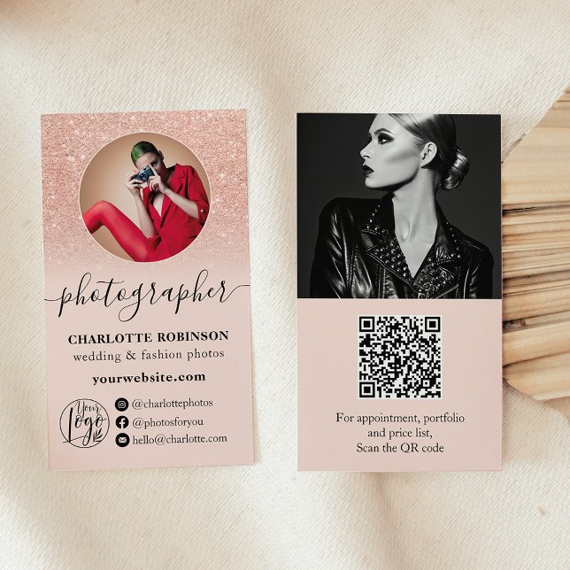 Fotografi över rosan ro glitter Guld qr logotyp fo Visitkort (Rose Gold glitter pink photo qr logo photographer Business Card)