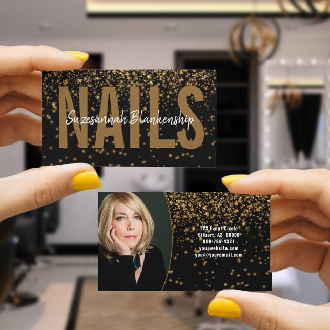 Fotografi över svart Anpassningsbar över Guld Glit Visitkort (This black and gold photo business card design offers double sided information for your business.)