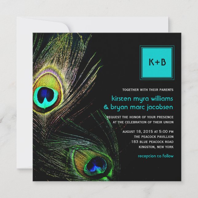 Fotografi Peacock Feathers Foto Bröllop 2 Inbjudningar (Framsida)