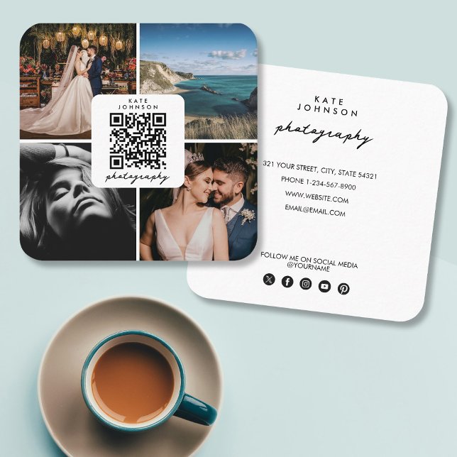 Fotografibilder QR Social-mediasskript för kod Fyrkantigt Visitkort (Photographer Photos QR Code Social Media Script Square Business Card)