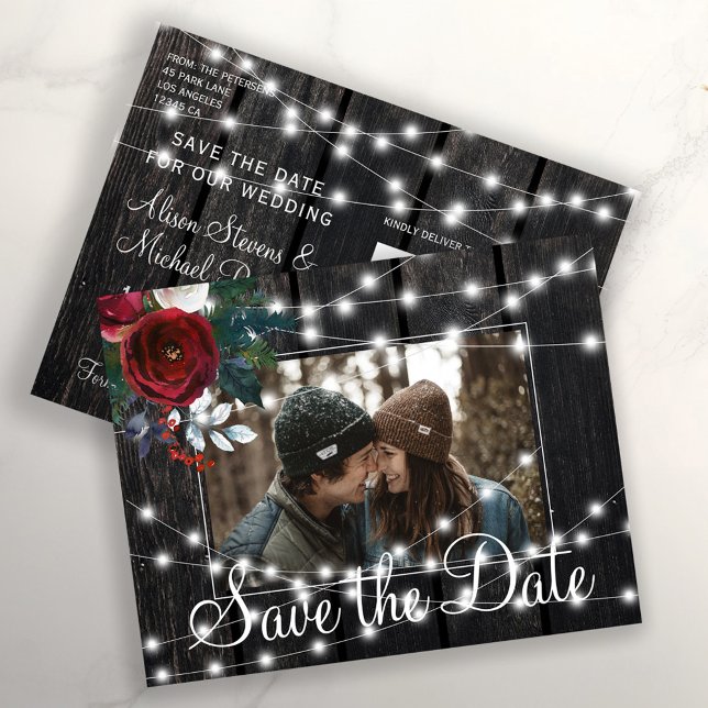 Fotografidatum för vinter-rustilved spara bröllop meddelande vykort (Skapare uppladdad)