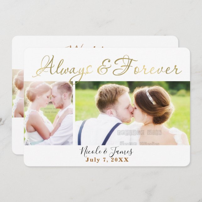 Fotografier ALWAYS & FOREVER GULD BRÖLLOP 4 Inbjudningar (Fram/baksida)