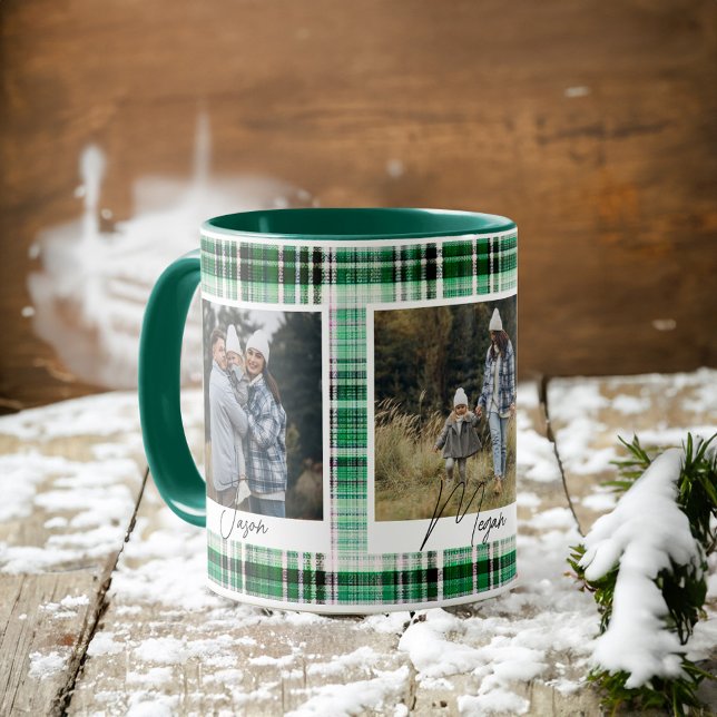 Fotografier av familjen mysigt Grönt och vit pläte Mugg (Cozy Green and White Plaid fabric Family Photos Mug)
