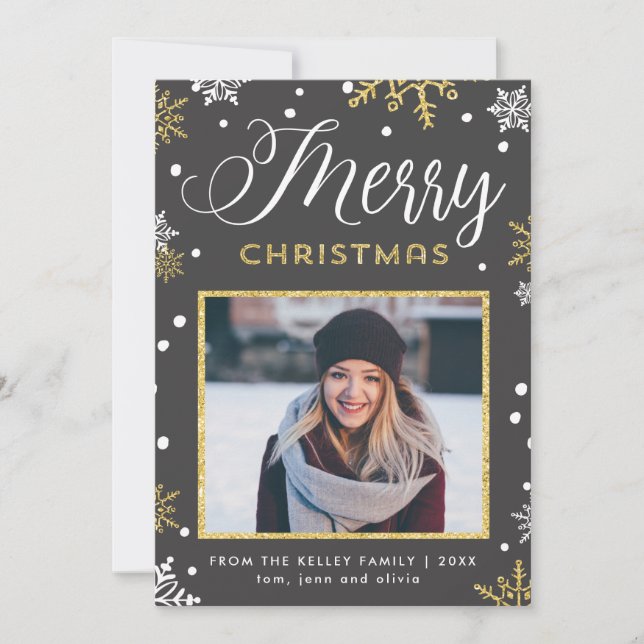 Fotografier av Golden Snöflingor God jul på baksid Julkort (Framsida)