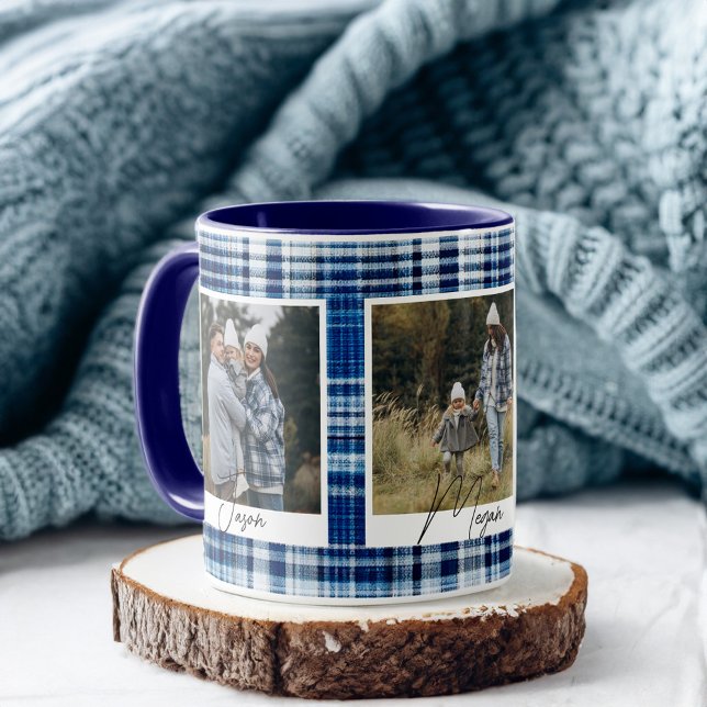 Fotografier av mysiga Blått och vitt porslättfoto Mugg (Cozy Blue and White Plaid fabric Family Photos Mug)