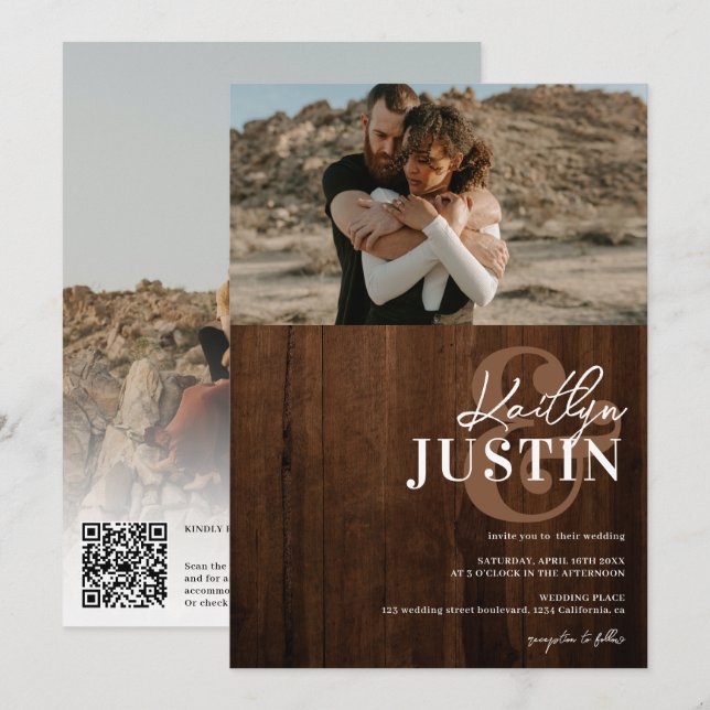 Fotografier fet namn calligraphy rustiwood bröllop inbjudningar (Fram/baksida)