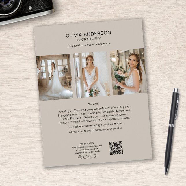 Fotografier Foto QR Social Media Beige Business Reklamblad (Photographer Photo QR Social Media Beige Business Flyer)