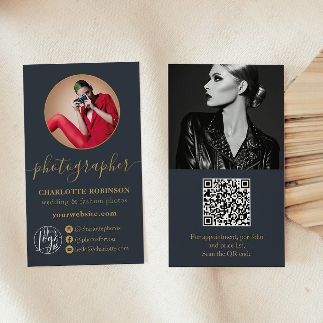 Fotografiet Modern guld Blue Photo Qur-logotyp Visitkort (Modern gold blue photo qr code logo photographer business card)
