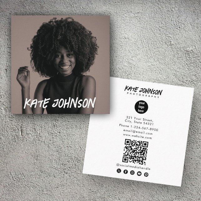 Fotografiet Modern Script Business Logotyp Photo Fyrkantigt Visitkort (Modern Script Business Logo Photographer Photo Square Business Card)