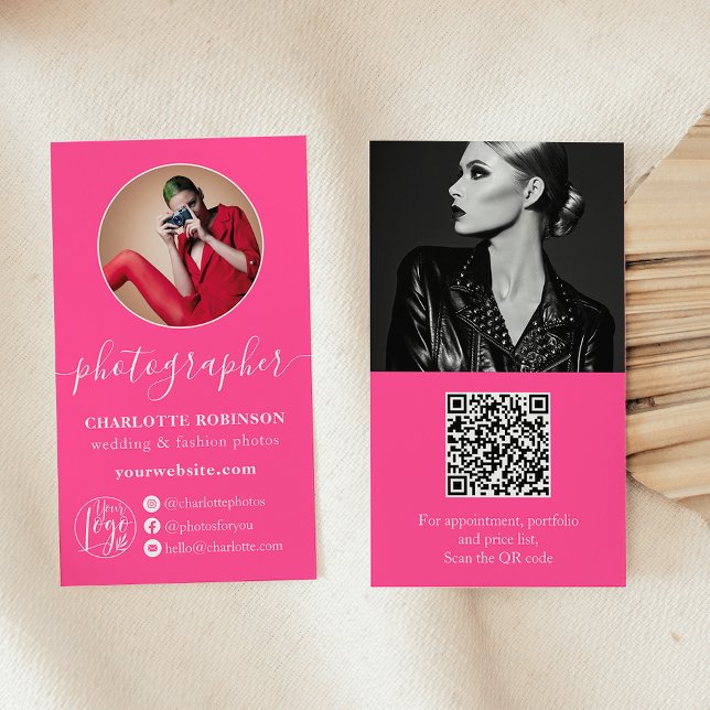 Fotografiet Modern shock rosa logotyp Qur-kod Visitkort (Modern hot pink photo qr code logo photographer business card)