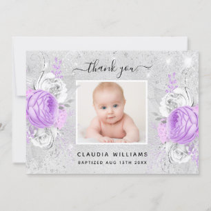 Fotografiflicka för silver lila blommigt tack kort
