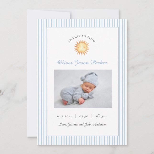 Fotografifödelse Cute Sol Blue Baby Meddelande (Framsida)