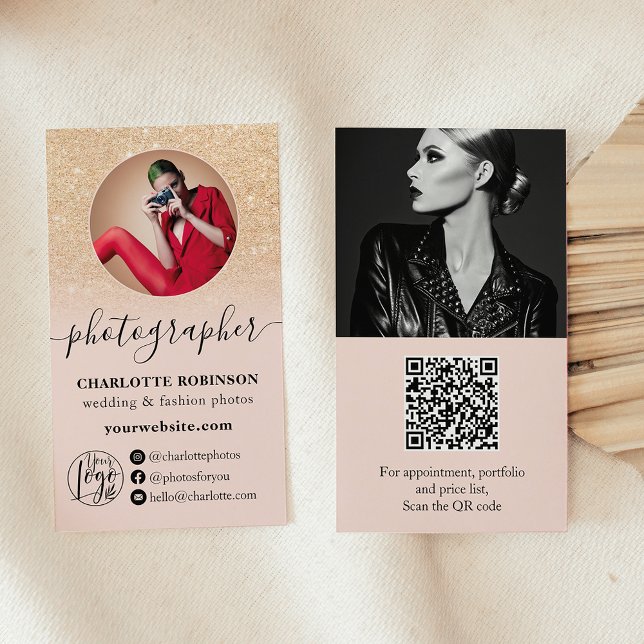 Fotografifotograf för guld glitter rosa Qur-logoty Visitkort (Gold glitter pink photo qr code logo photographer business card)
