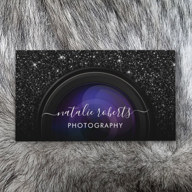Fotografifotografi av kameran Chic Black Glitter Visitkort (Skapare uppladdad)
