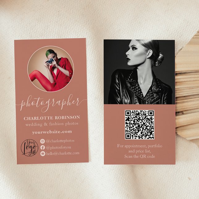 Fotografifotografi av logotypen Boho terracotta Qu Visitkort (Boho terracotta photo qr code logo photographer business card)