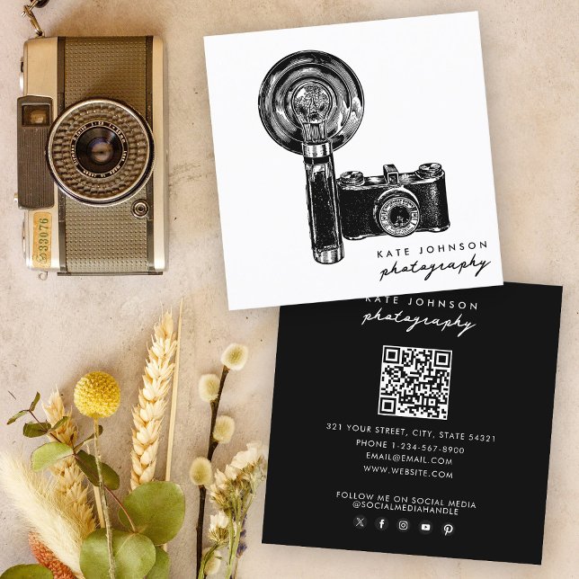 Fotografikamerasystem Fotografi QR-kod Fyrkantigt Visitkort (Photographer Camera Script Photography QR Code Square Business Card)