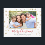 Fotografikkort för guldfetter i Snöflingor God jul Helg Vykort<br><div class="desc">Faux Gold Foil Snöflingor God jul - Helgdag Photo Card. Bild,  datum och familj namn kan bytas ut mot detta enkla och elegant julfotkort.</div>