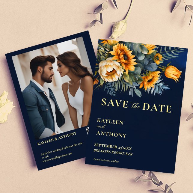 Fotografimall för moody solrossolrosblommor i mari spara datumet (Navy blue moody rustic sunflowers fall summer wedding photo template save the date card)