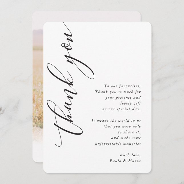 Fotografimodern kalligrafi för bröllop TACK Inbjudningar (Fram/baksida)