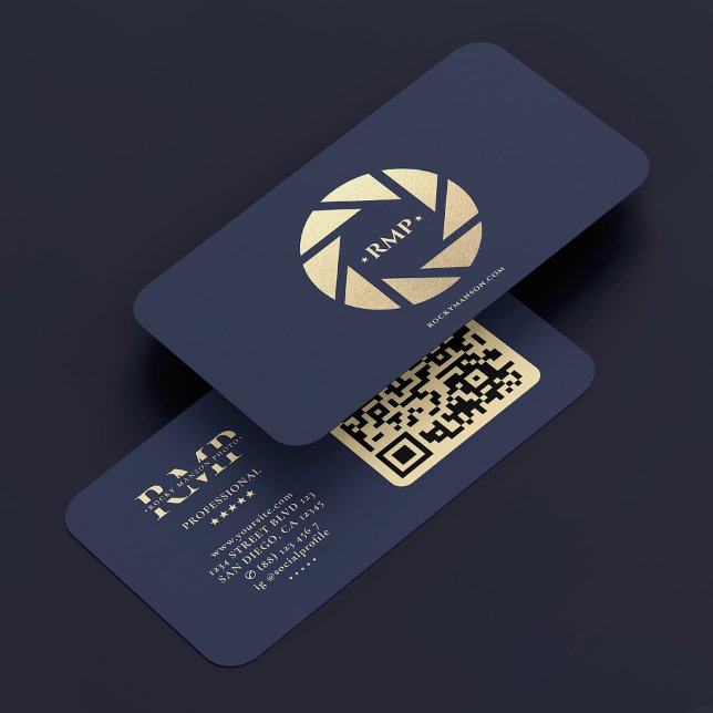 Fotografisk marin blå Guld-kamera Lens Modern Visitkort (Photographer Navy Blue Gold Camera Lens Modern Business Card
)