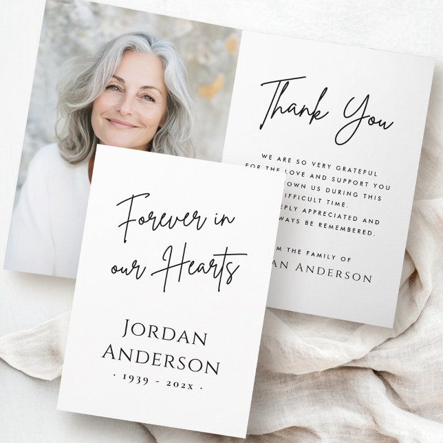 Fotografisympati för alltid i våra hjärtan tack kort (Forever in our hearts photo sympathy folded thank you card)