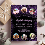 Fotografivänner från svart lila på födelsedagen inbjudan vykort<br><div class="desc">En giftig och feminin 21:a (eller någon ålder) födelsedagsfest inbjudan. På framsidan: En svart bakgrund för chicen. Dekoreras med mörk lila faux glitter stoft. Anpassa och lägg till information om namn,  party och 6 foton. Namn är skrivet med ett handskript stil,  light lila färgad brev.</div>