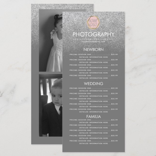 Fotografyrket Silver Glitter Grått Logotyp  Meny (Fram/baksida)