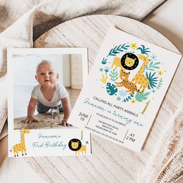 FotoGrönt som anropar alla Party-djur 1:a födelsed Inbjudningar (Party Animals Safari 1st Birthday Invitation Baby Boy,
Photo Safari Wild One Birthday Invitation )