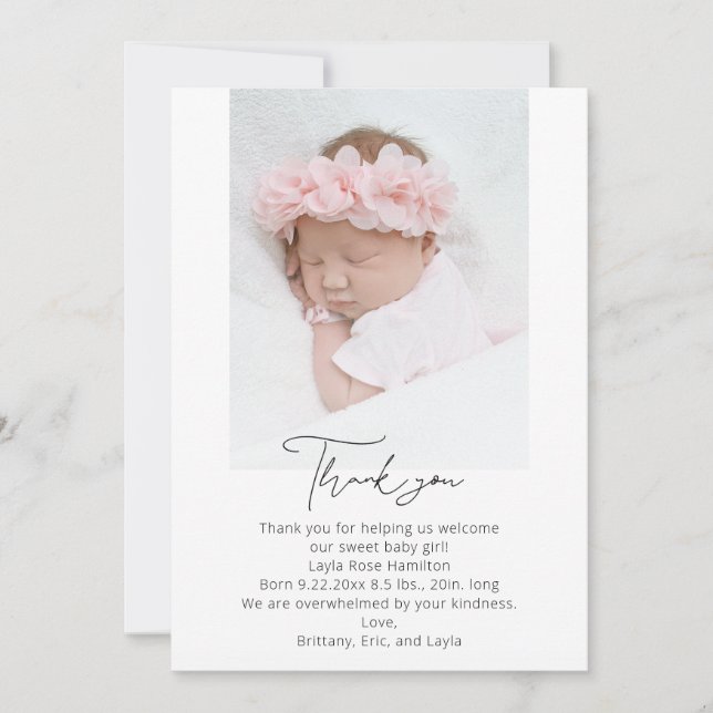 Fotohandskriven babystövel för kalligrafi tack kort (Framsida)