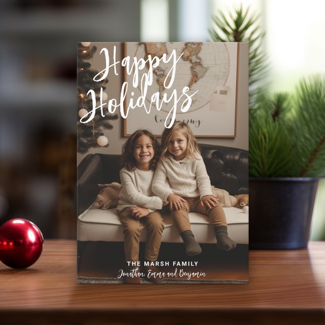 Fotohandskriven jul-Grått Play Lycklig Julkort (Modern Christmas Card with Photos)