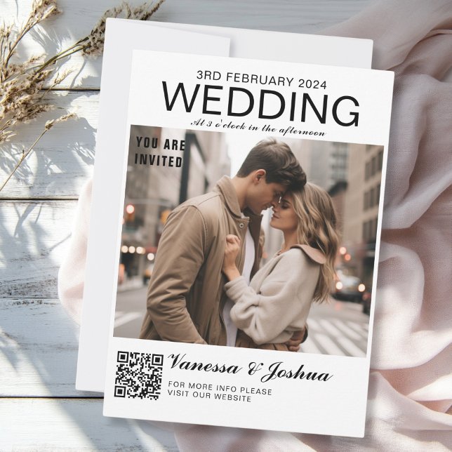 Fotohölje Magazin QR-kod Bröllop Inbjudningar (Photo Cover Magazin QR Code Wedding Invitation, white, trendy, minimal.)