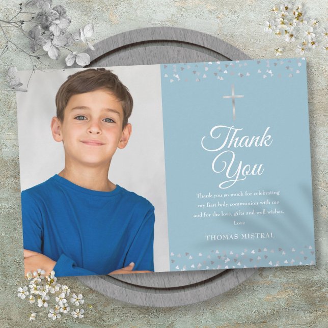 Fotohörningar Confetti First Heliga Communion Tack Kort (Photo Hearts Confetti First Holy Communion Thank You Card)