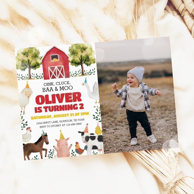 Fotoinbjudan Baa Oink Moo Farm 2:a födelsedag Inbjudningar (Skapare uppladdad)