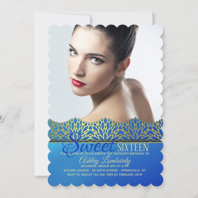 Fotoinbjudan för blå och Guld-redigering Inbjudningar (Framsida)